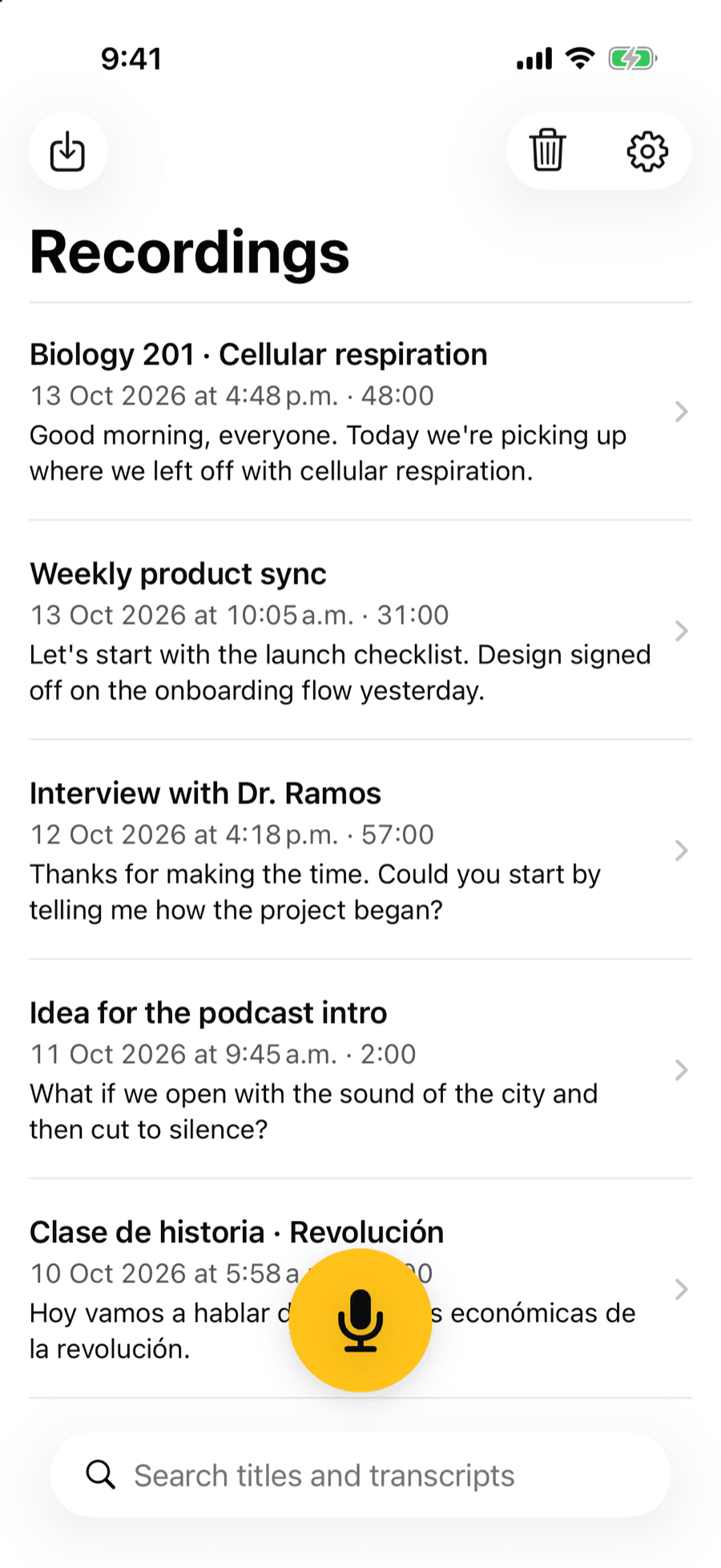 The Voice Smart library with recordings of a lecture, a meeting, an interview and a voice note