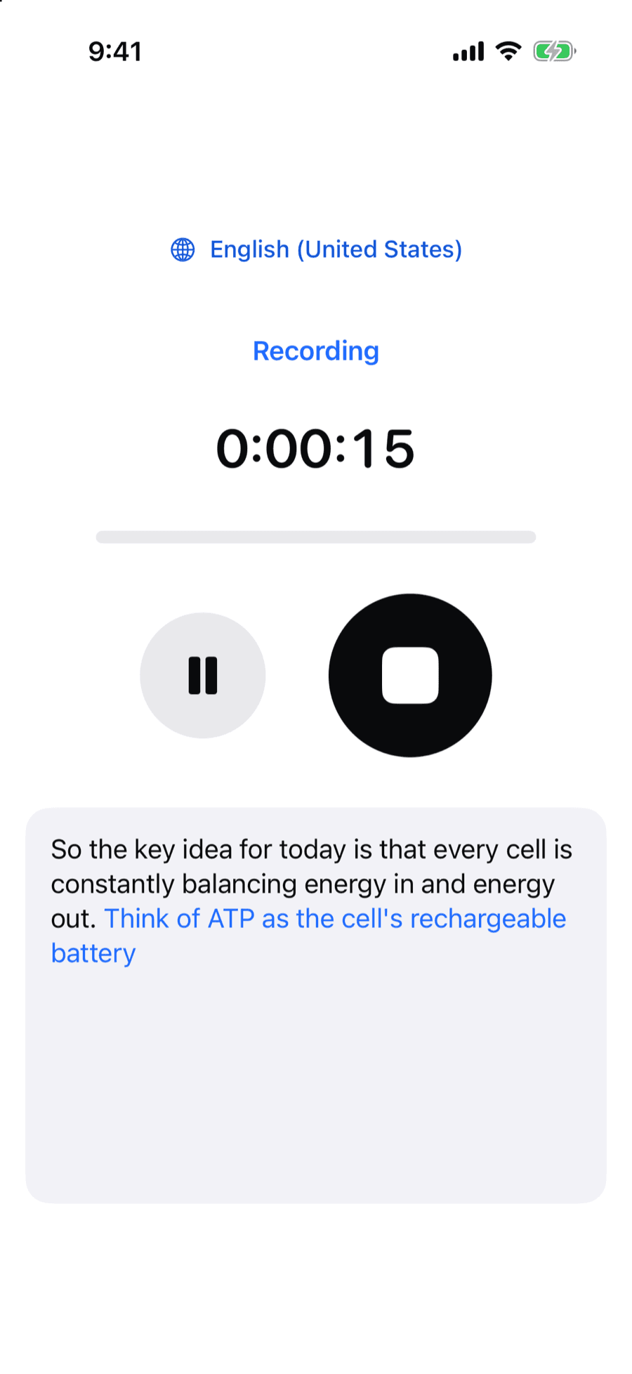 Voice Smart recording screen with live text appearing as someone speaks